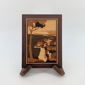 Vintage Marquetry Wood Inlay Art Coastal Village Landscape Framed Wall Decor